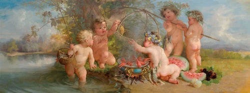 ангелы, картины, живопись, классика, ангелы у реки, рыбалка