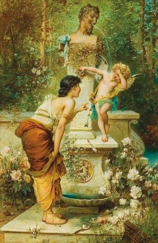 люди, картины, живопись, классика, девушка, с ангелами, фонтан, зеленые