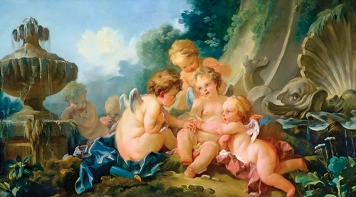 с ангелами, картины, живопись, классика, синие, коралловые