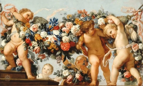 с ангелами, картины, живопись, с цветами, с пионами