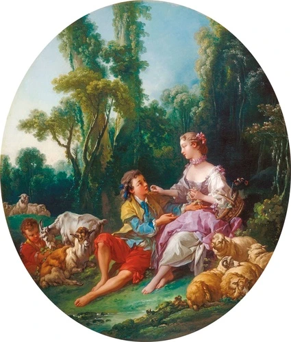 картины, салонная живопись, мужчина и женщина, девушка, на природе