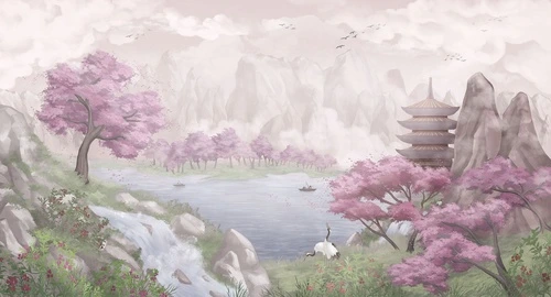 горы, водопад, храм, озеро, лодки, журавль, деревья сакуры, розовые, зелёные