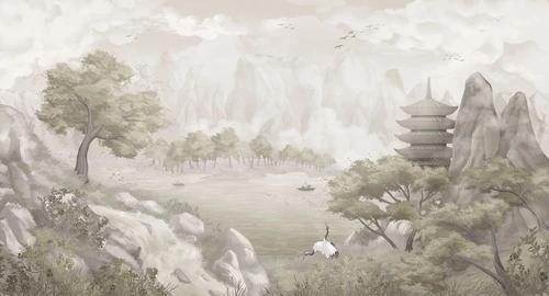 горы, водопад, храм, озеро, лодки, журавль, деревья, зелёные, бежевые