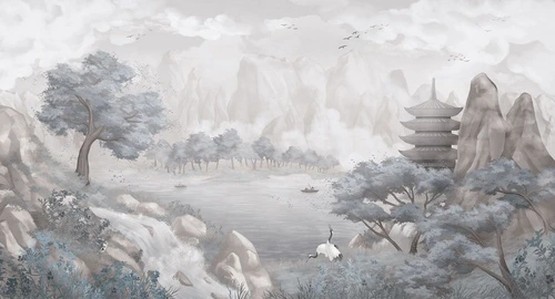 горы, водопад, храм, озеро, лодки, журавль, деревья, голубые, бежевые