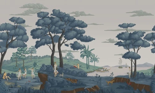 деревья, холмы, люди, собака, лодки, корабли, пальмы, облака, синие, зелёные