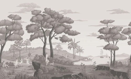деревья, холмы, люди, собака, лодки, корабли, пальмы, облака, бежевые, серые