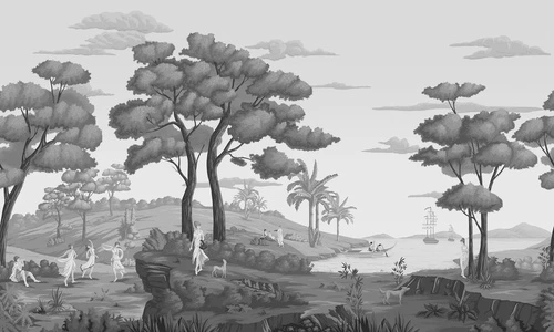 деревья, холмы, люди, собака, лодки, корабли, пальмы, облака, серые