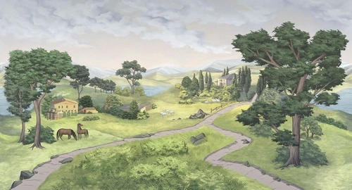 деревья, горы, дома, дорога, озеро, облака, лошади, овцы, зелёные