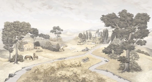 деревья, горы, дома, дорога, озеро, облака, лошади, овцы, бежевые