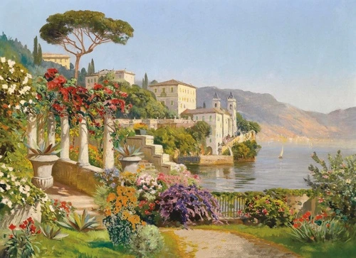 картины, живопись, живописные, городок, берег, море, европы, западной европы, горы, желтая, красная