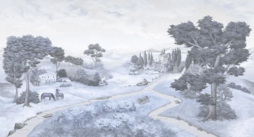 деревья, горы, дома, дорога, озеро, облака, лошади, овцы, голубые