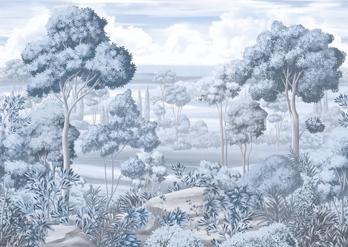 деревья, кусты, трава, камни, облака, мост, дом, голубые