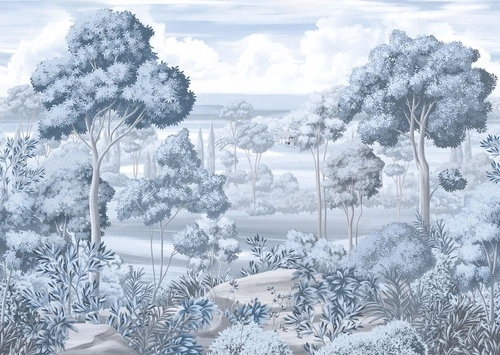 деревья, кусты, трава, камни, облака, мост, дом, голубые