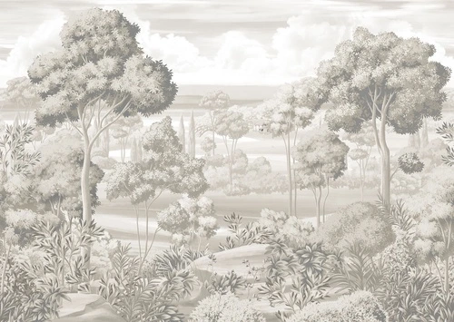 деревья, кусты, трава, камни, облака, мост, дом, бежевые