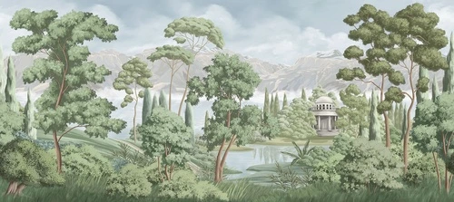 деревья, кусты, трава, горы, озеро, храм, облака, зелёные