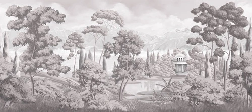 кусты, озеро, храм, трава, облака, горы, деревья, бежевые