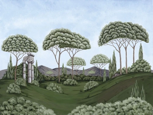 кусты, колонны, деревья, небо, зелёные, горы, холмы