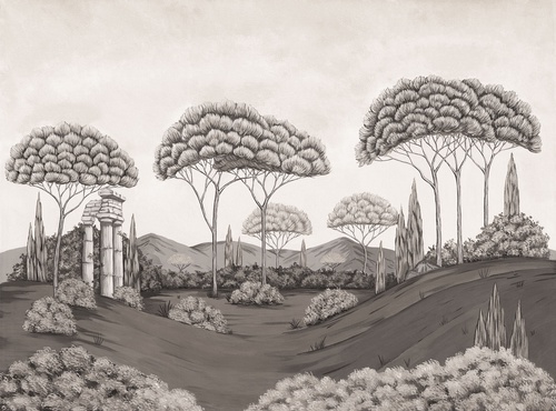 деревья, колонны, холмы, небо, горы, кусты, бежевые