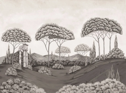 деревья, колонны, холмы, небо, горы, кусты, бежевые