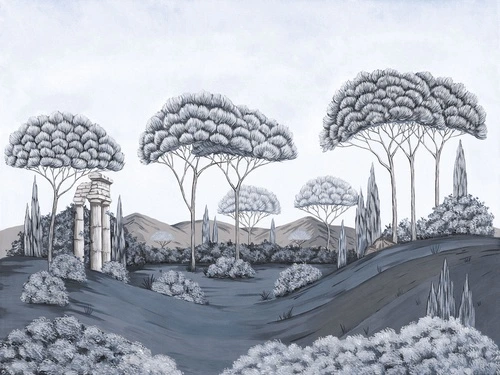 кусты, колонны, деревья, горы, небо, синий, холмы