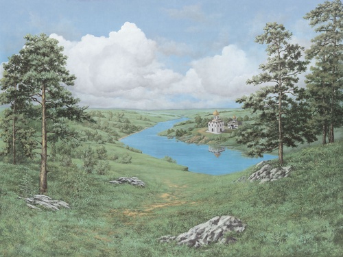 церковь, скалы, деревья, небо, трава, облака, река, зелёный