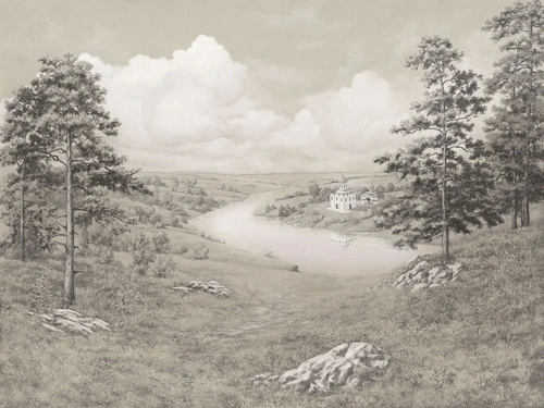 облака, церковь, река, небо, деревья, камни, холм, трава