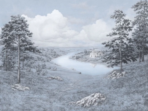 трава, церковь, камни, небо, деревья, холм, облака, река