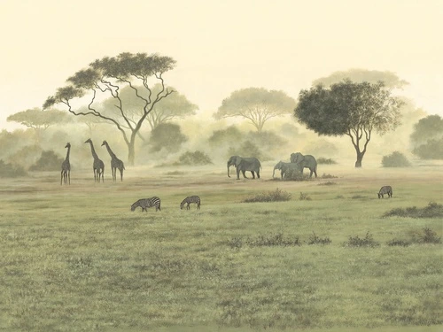 жирафы, слоны, трава, деревья, зебры, саванна, кусты, туман