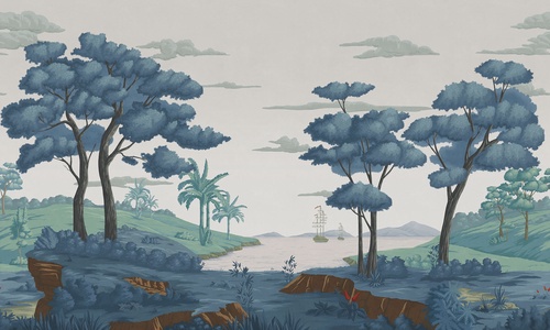 море, корабль, облака, холмы, пальмы, кусты, деревья, трава