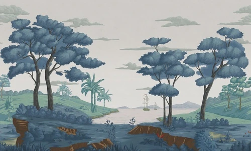 море, корабль, облака, холмы, пальмы, кусты, деревья, трава