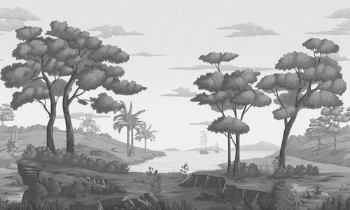 трава, скалы, деревья, облака, пальмы, море, корабль, холмы, светло-серый