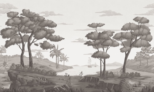 деревья, море, холмы, облака, корабль, пальмы, трава, скалы, светло-коричневые