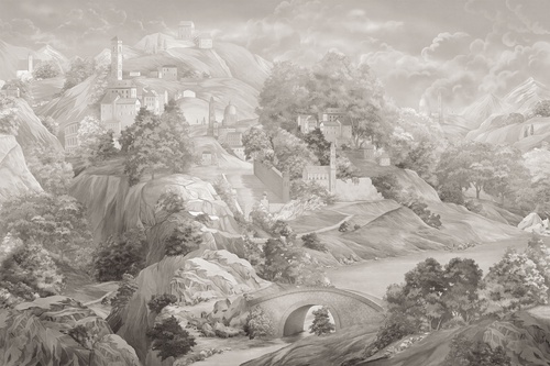 деревья, скалы, мост, здания, небо, облака, холмы, река, светло-коричневые