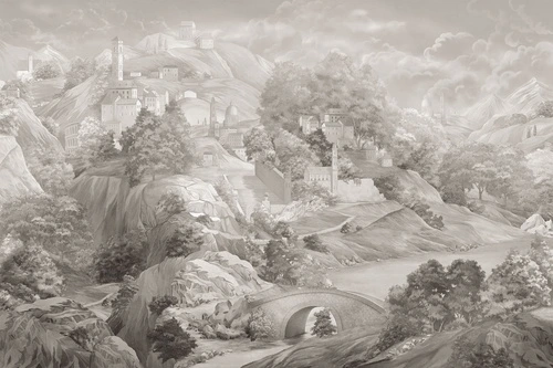 деревья, скалы, мост, здания, небо, облака, холмы, река, светло-коричневые