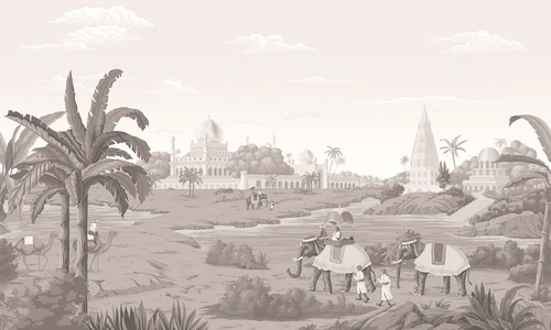 люди, здания, верблюды, слоны, река, облака, кусты, пальмы, камни, розовато-бежевые