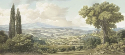 горы, небо, деревья, облака, трава, холмы, кусты, здание, камни, светло-зелёные