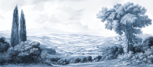 кусты, облака, трава, здание, деревья, горы, небо, холмы, камни, голубовато-синие