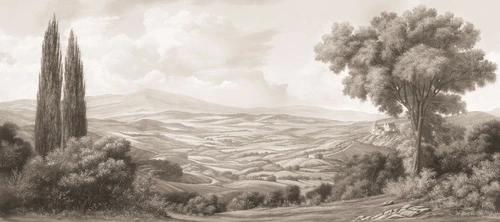 облака, кусты, деревья, горы, дом, трава, камни, холмы, небо, розовато-бежевые