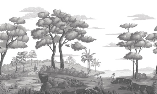 деревья, кусты, трава, пальмы, облака, скалы, холмы, серые