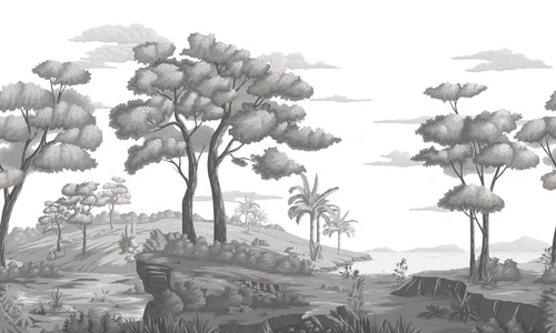 деревья, кусты, трава, пальмы, облака, скалы, холмы, серые