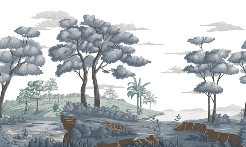 деревья, кусты, трава, пальмы, облака, скалы, холмы, голубовато-серые