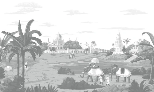 кусты, облака, здания, люди, пальмы, верблюды, слоны, река, камни, светло-серые