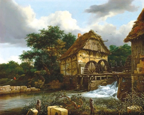 картины, живопись, живописные, домик, река