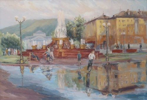 картины, живопись, город, дождь