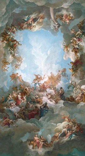 картины, живопись, живописные, классика, потолок, версаль, люди, с ангелами, большая, на большую стену, самая большая фреска, больших размеров, на стену больших размеров
