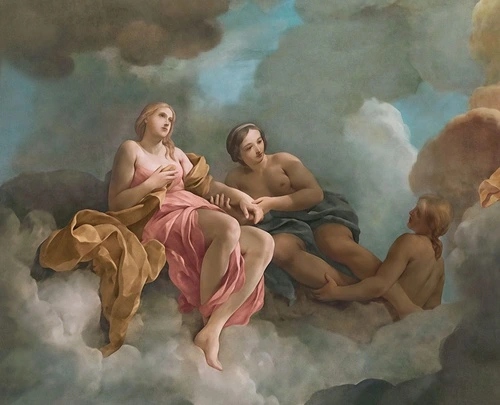 картины, живопись, классика, потолок, версаль, люди, девушка, темные, серые