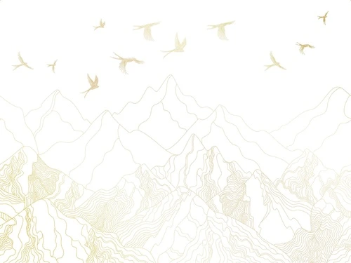 графика, золотые флизелиновые обои, линии, золотые линии, золотые горы, золотые птицы