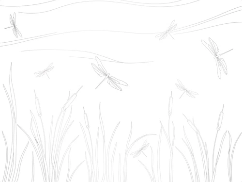 графика, серые, линии, трава, стрекозы