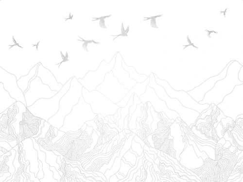 графика, серые, линии, горы, птицы