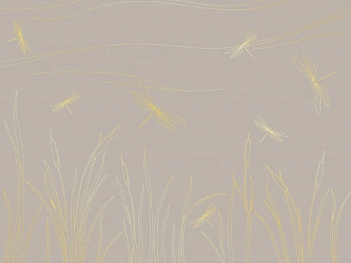 графика, линии, золотые линии, обои с золотыми линиями, трава, стрекозы, бежевые, серые